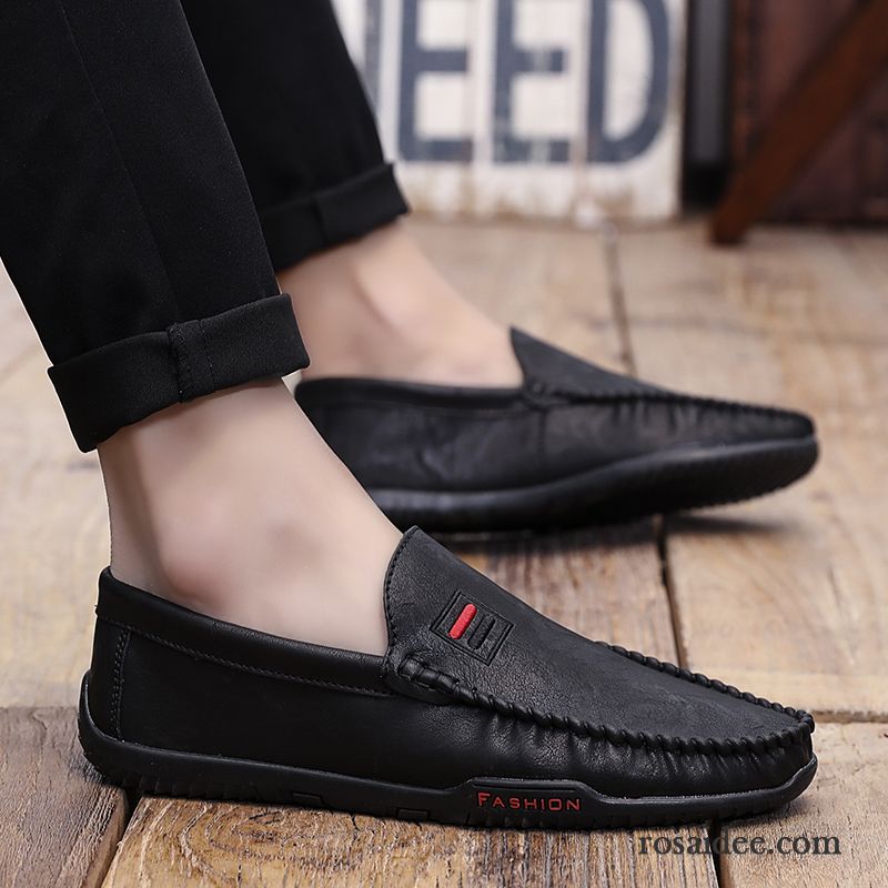 Halbschuhe Herren Atmungsaktiv Faul Slip-on Sommer Lederschue Trend Schwarz