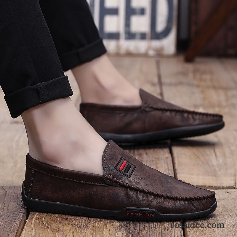 Halbschuhe Herren Atmungsaktiv Faul Slip-on Sommer Lederschue Trend Schwarz