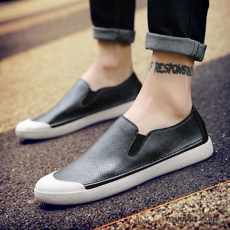 Halbschuhe Herren Lederschue Trend Atmungsaktiv Slip-on Feder Casual Schwarz