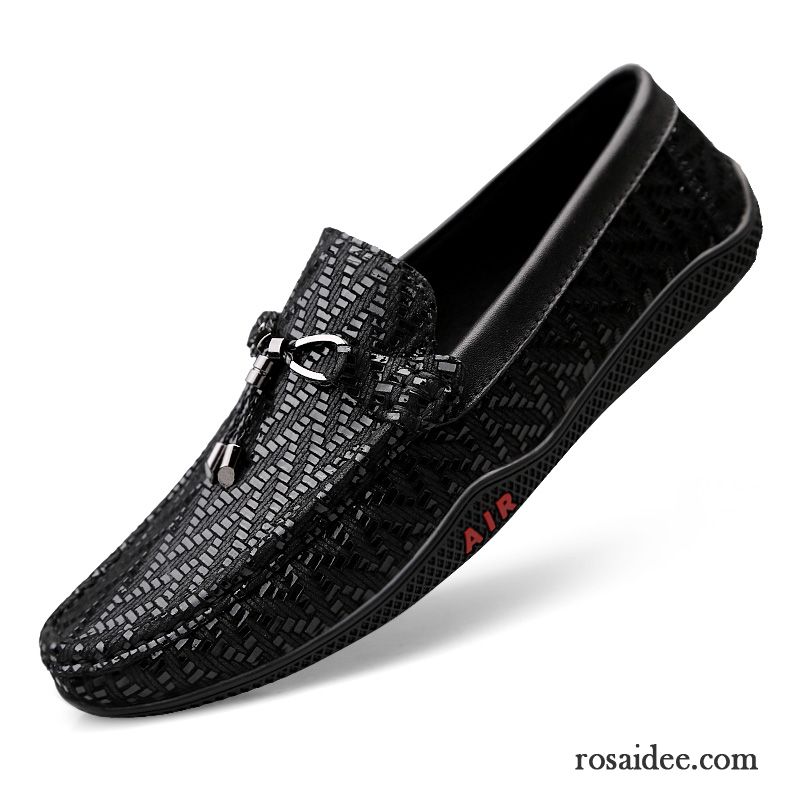 Halbschuhe Herren Sommer Casual Lederschue Slip-on Faul Echtleder Schwarz