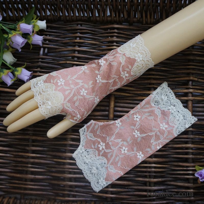 Handschuhe Damen Sonnenschutz Halber Finger Atmungsaktiv Niedlich Spitze Mode Rosa