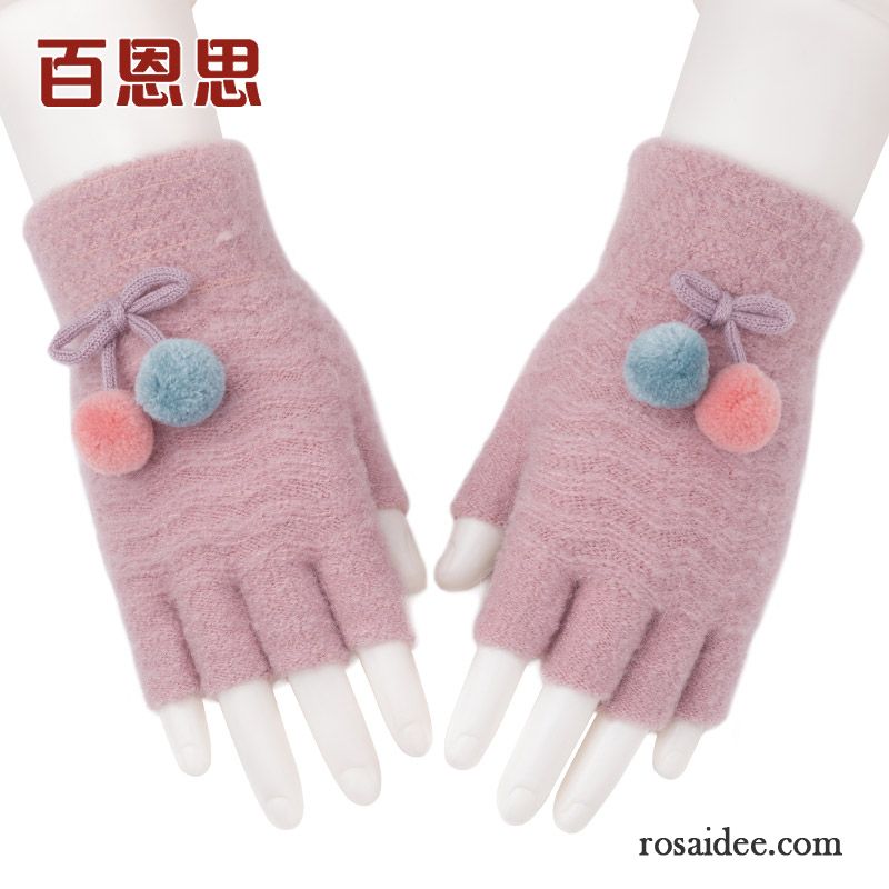 Handschuhe Damen Stricken Winter Wolle Student Warm Halten Pelzball Rot