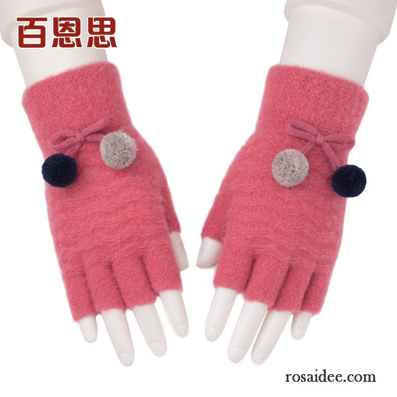 Handschuhe Damen Stricken Winter Wolle Student Warm Halten Pelzball Rot