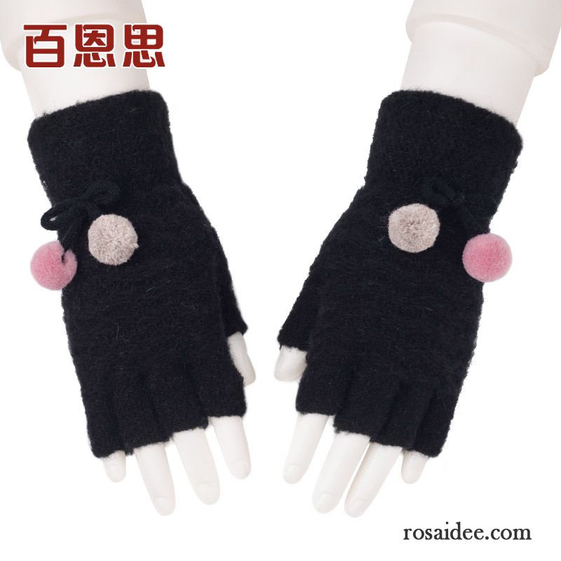 Handschuhe Damen Stricken Winter Wolle Student Warm Halten Pelzball Rot