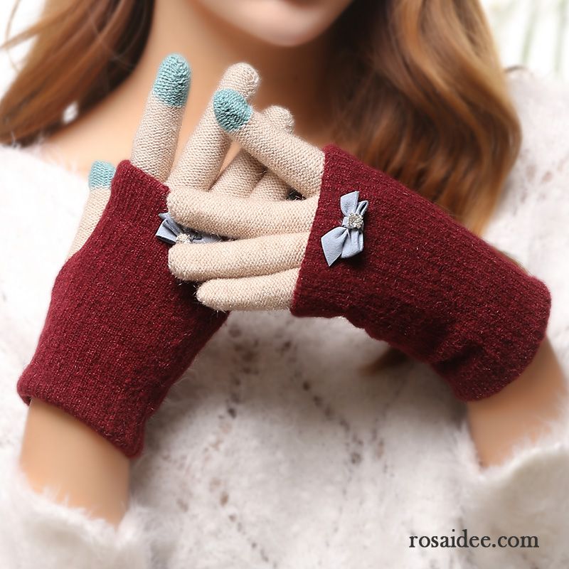 Handschuhe Damen Warm Halten Bowknot Niedlich Student Wolle Winter Blau