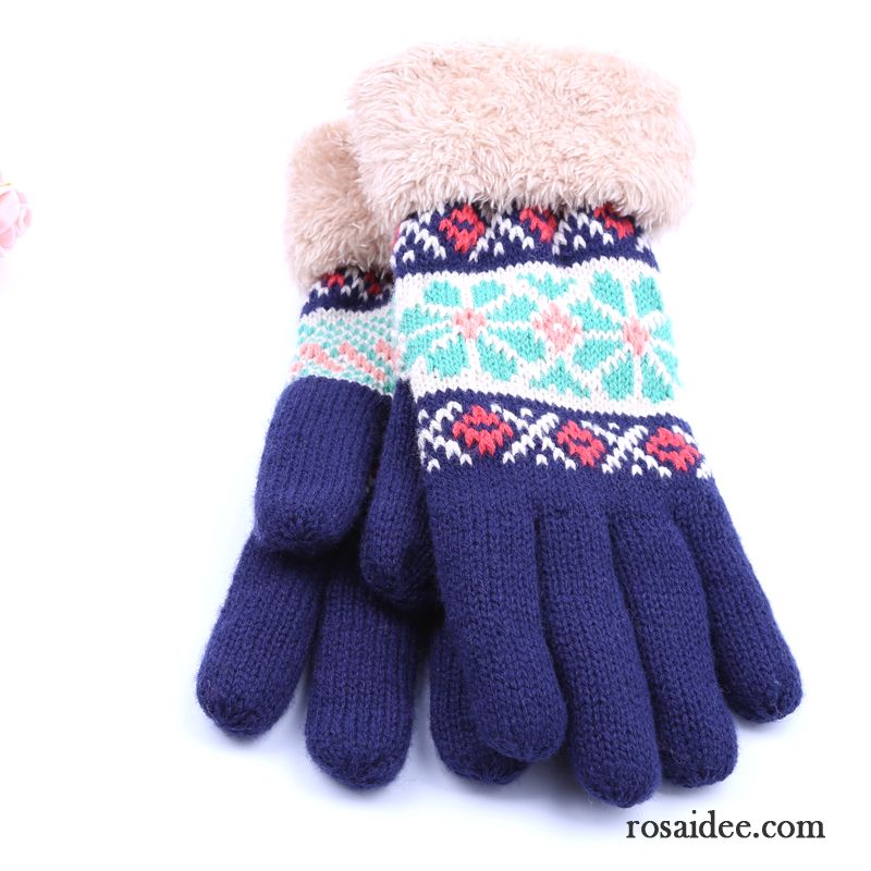 Handschuhe Damen Wolle Fünf Finger Herbst Winter Niedlich Samt Dunkelblau