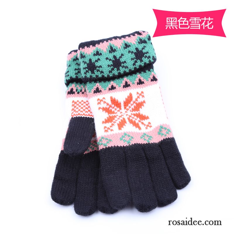 Handschuhe Damen Wolle Fünf Finger Herbst Winter Niedlich Samt Dunkelblau