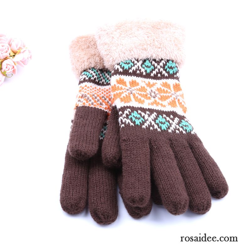 Handschuhe Damen Wolle Fünf Finger Herbst Winter Niedlich Samt Dunkelblau