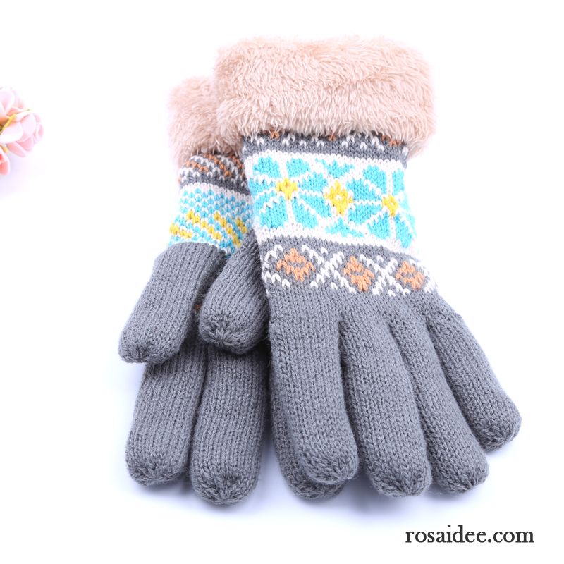 Handschuhe Damen Wolle Fünf Finger Herbst Winter Niedlich Samt Dunkelblau