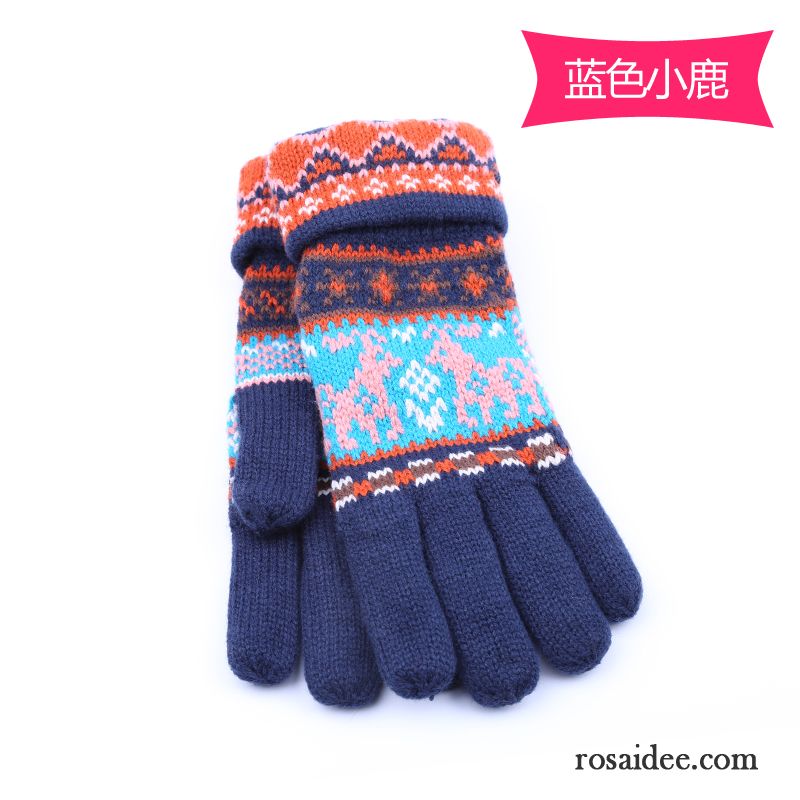 Handschuhe Damen Wolle Fünf Finger Herbst Winter Niedlich Samt Dunkelblau