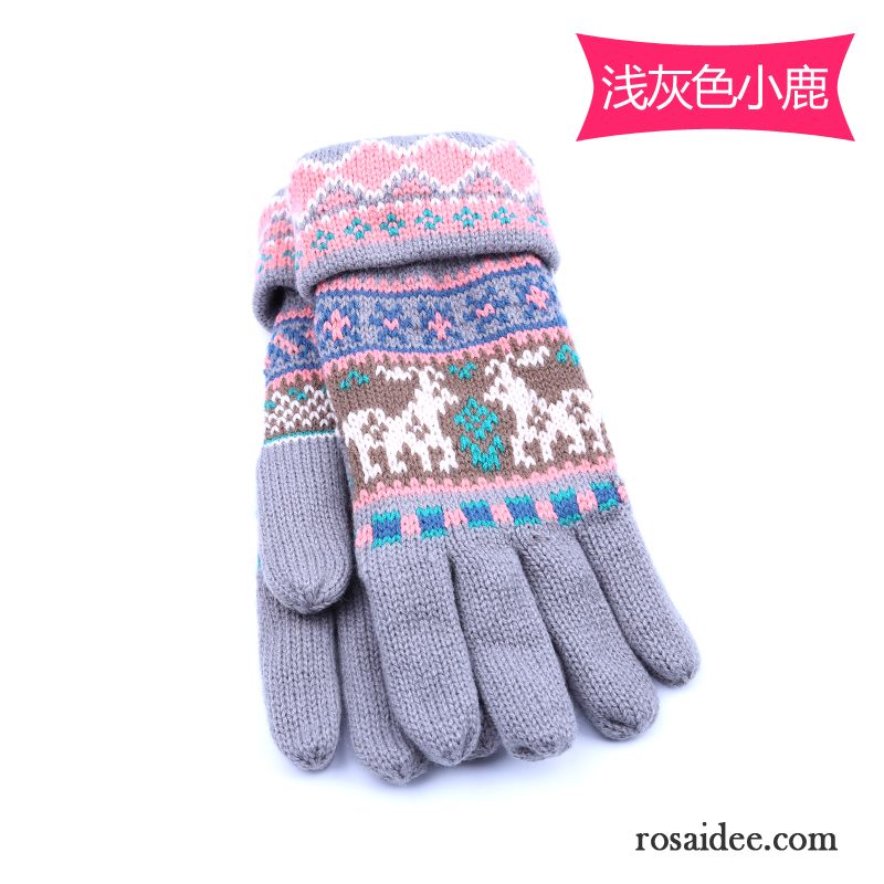 Handschuhe Damen Wolle Fünf Finger Herbst Winter Niedlich Samt Dunkelblau