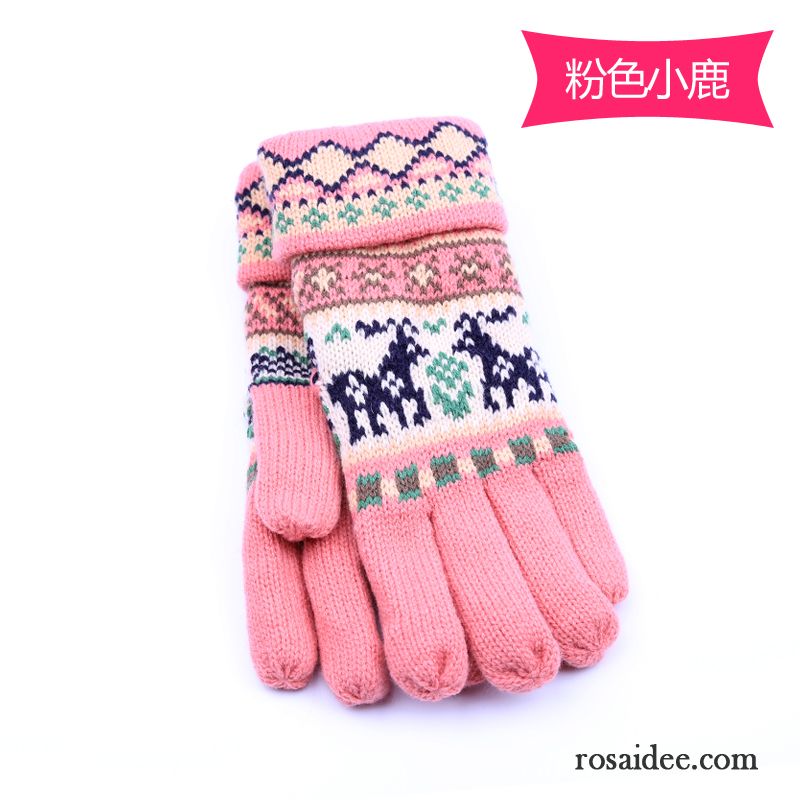 Handschuhe Damen Wolle Fünf Finger Herbst Winter Niedlich Samt Dunkelblau