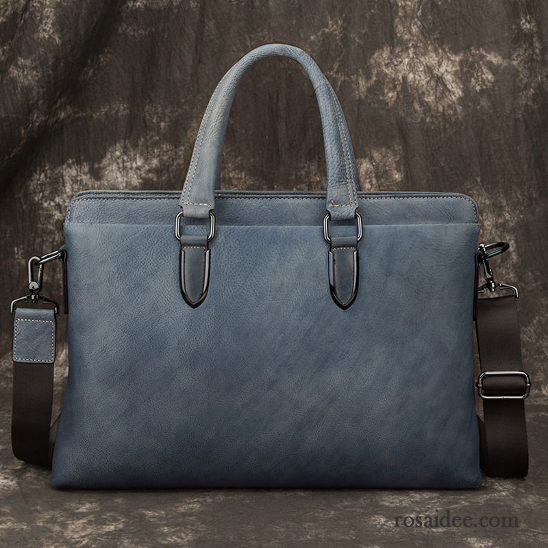 Handtaschen Herren Retro Geschäft Rindsleder Echtleder Messenger-tasche Laptoptasche Blau