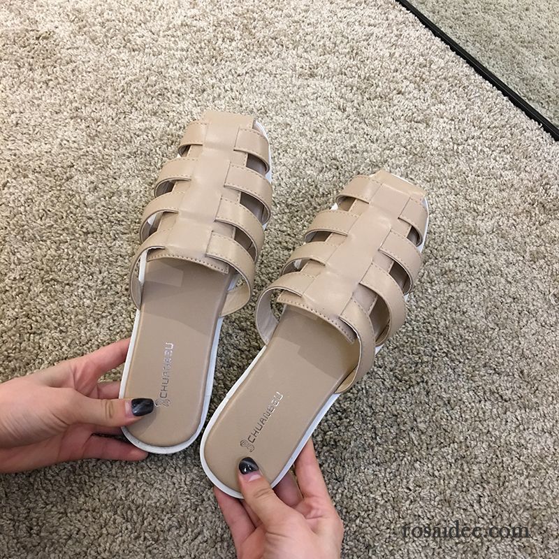 Hausschuhe Damen Mode Allgleiches Vierkantkopf Retro Flache Feder Weiß