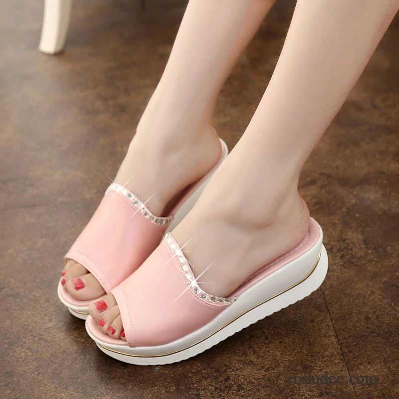 Hausschuhe Damen Pink Sommer Dicke Sohle Keilschuhe Pantolette Hausschuhe Rutschsicher Damen Peep-toe Strasssteine Günstig