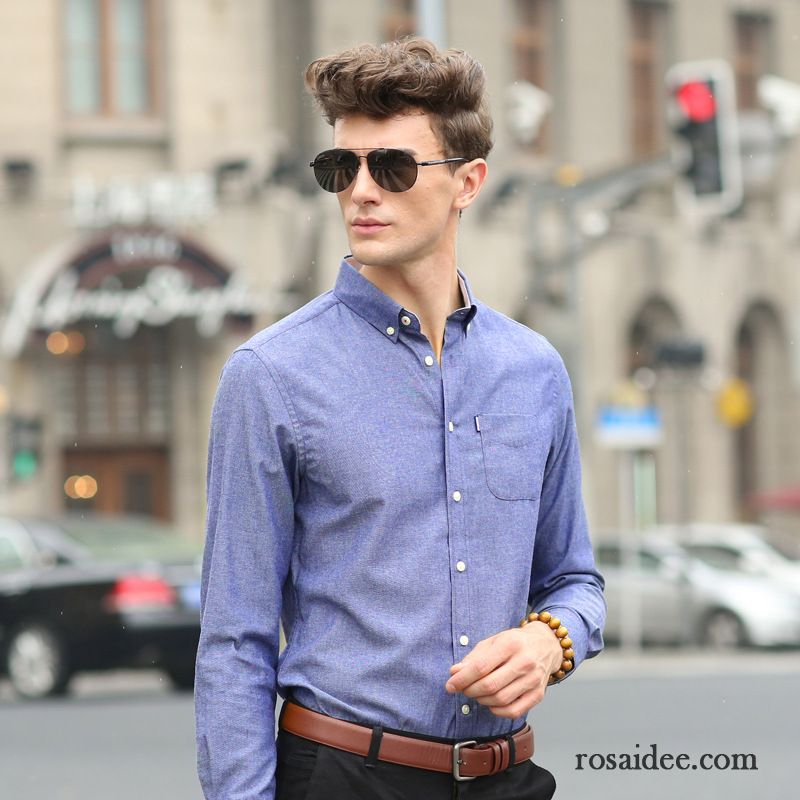 Hemd Slim Fit Herren Jugend Hemd Herren Neu Herbst Hemden Lange Ärmel Trend Quadratischer Kragen Rein Schlank Günstig