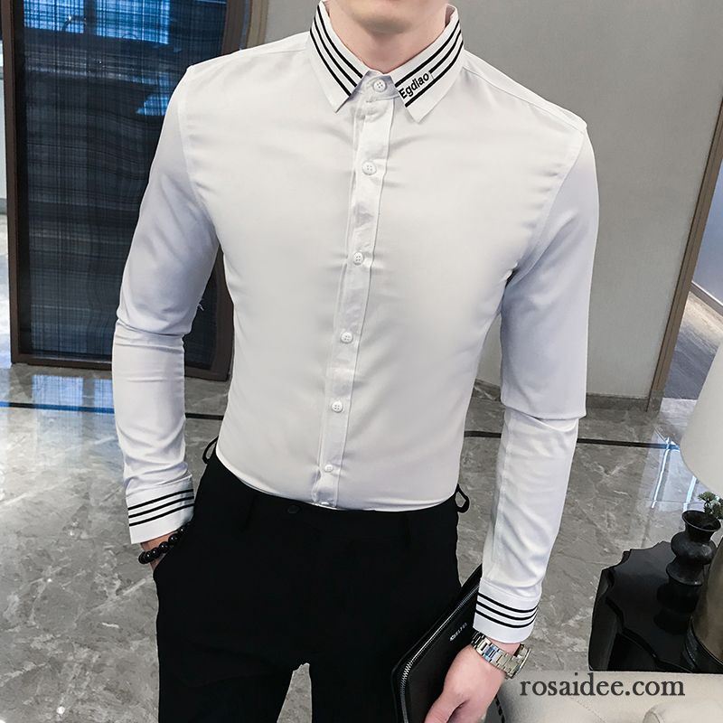 Hemden Herren Freizeit Schlank Lange Ärmel Trend Allgleiches Stickerei Weiß