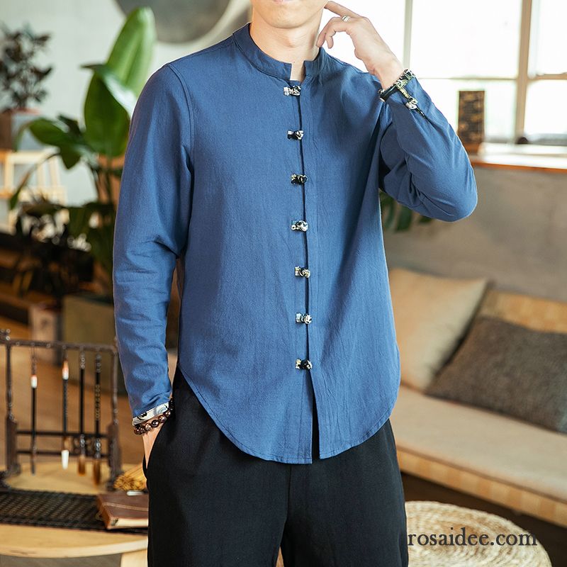 Hemden Herren Lange Ärmel Chinesischer Stil Trend Baumwolle Retro Freizeit Schwarz