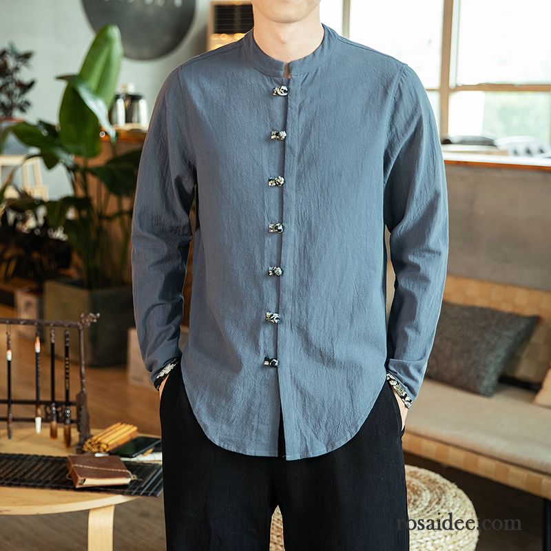 Hemden Herren Lange Ärmel Chinesischer Stil Trend Baumwolle Retro Freizeit Schwarz