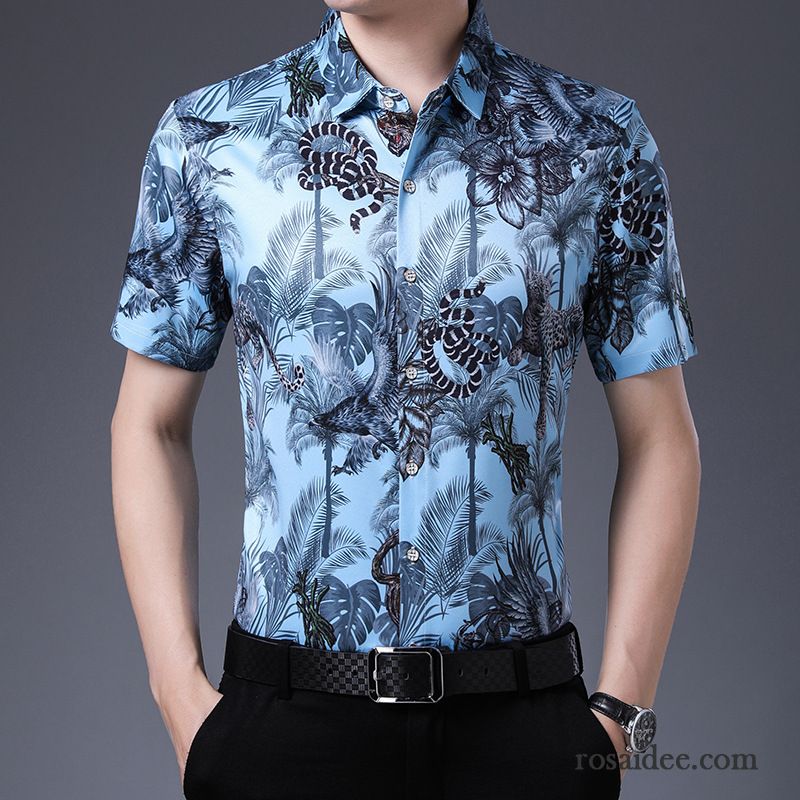 Hemden Herren Muster Trend Blume Drucken Sommer Mode Marineblau