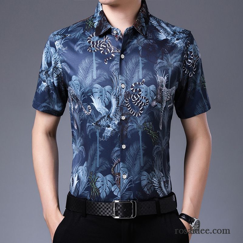 Hemden Herren Muster Trend Blume Drucken Sommer Mode Marineblau