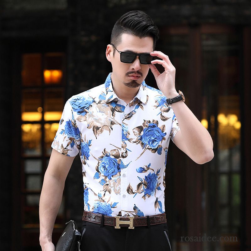 Hemden Herren Neu Chinesischer Stil Persönlichkeit Muster Halb Ärmel Trend Azurblau Rose