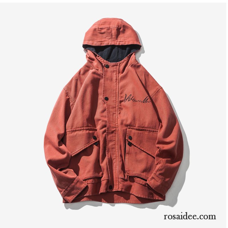 Herren Anorak Mit Kapuze Jacke Trend Herren Lose Stickerei Waschen Retro Überzieher Feder Werkzeugbau Rote Herbst Günstig