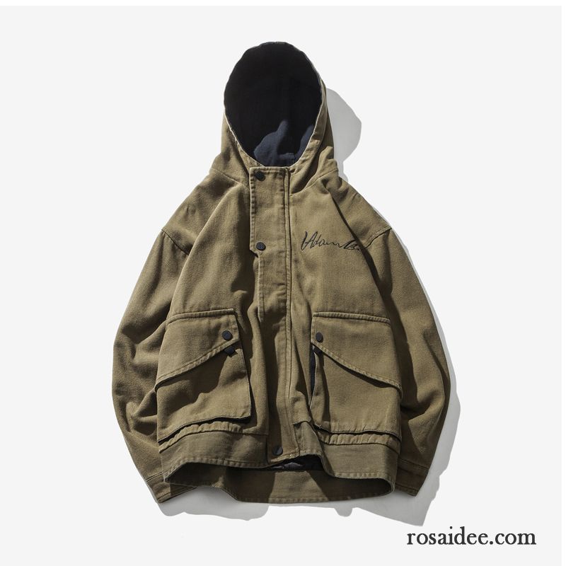 Herren Anorak Mit Kapuze Jacke Trend Herren Lose Stickerei Waschen Retro Überzieher Feder Werkzeugbau Rote Herbst Günstig