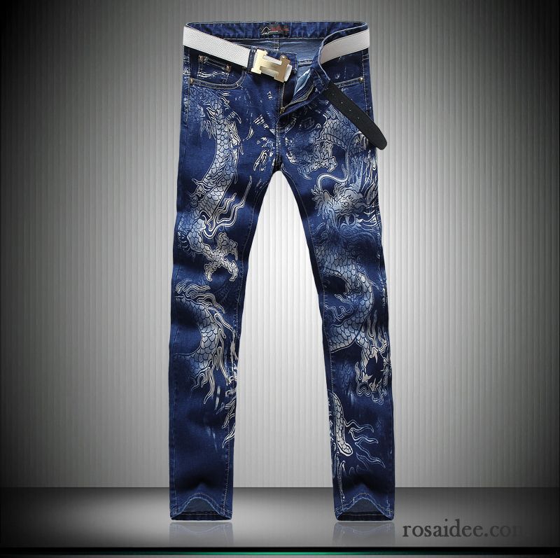 Herren Jeans Dunkelblau Persönlichkeit Schlank Herren Gerade Muster Chinesischer Stil Elastisch Jeans Drucken Blau Dünn Trend Hose Lange Kaufen