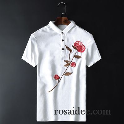 Herren T Shirt Weiß Mode Herren Chinesischer Stil Schlank Revers Blume Rose Dünn Stickerei Günstig