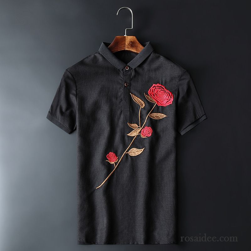 Herren T Shirt Weiß Mode Herren Chinesischer Stil Schlank Revers Blume Rose Dünn Stickerei Günstig