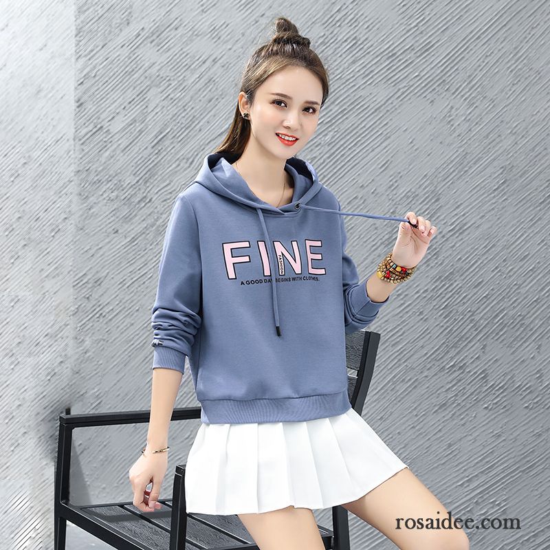 Hoodie Damen Lose Trend Drucken Feder Mantel Kurzer Absatz Blau