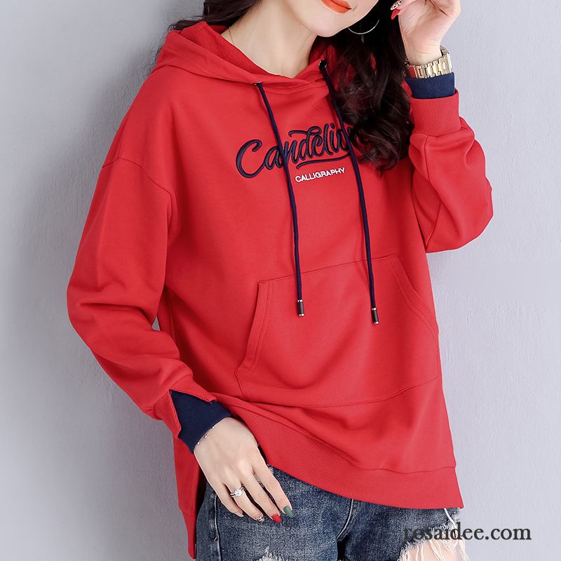 Hoodie Damen Neu Herbst Mit Kapuze Feder Hoodies Langer Abschnitt Rot