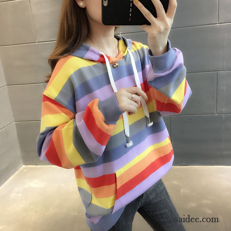 Hoodie Damen Neu Hoodies Trend Herbst Lange Ärmel Streifen Hellblau Regenbogen Purpur Lila Hell