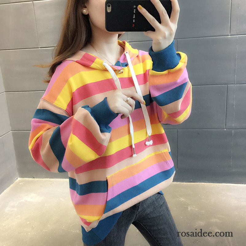 Hoodie Damen Neu Hoodies Trend Herbst Lange Ärmel Streifen Hellblau Regenbogen Purpur Lila Hell