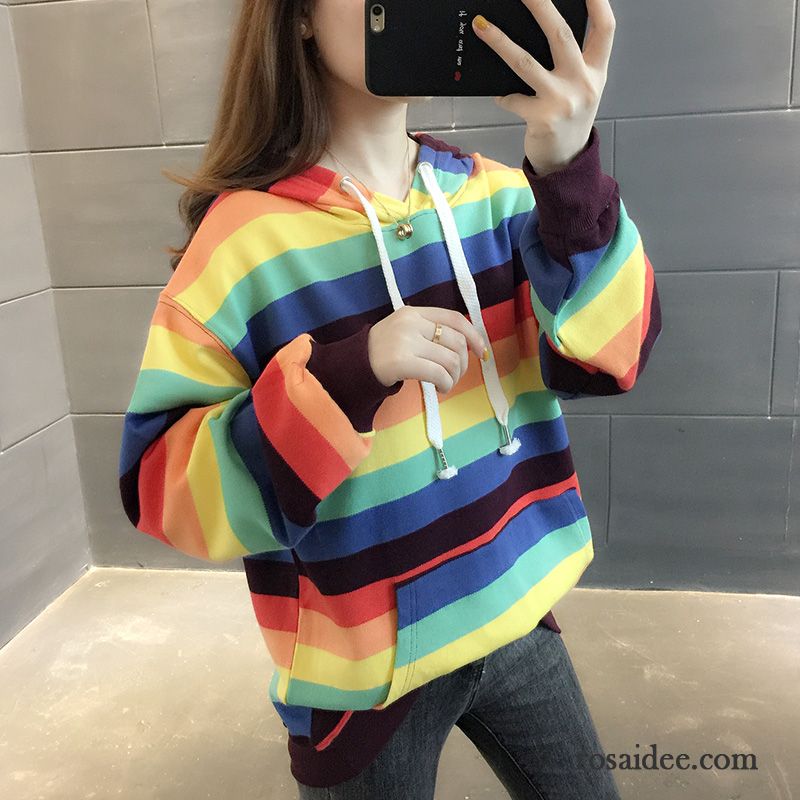 Hoodie Damen Neu Hoodies Trend Herbst Lange Ärmel Streifen Hellblau Regenbogen Purpur Lila Hell