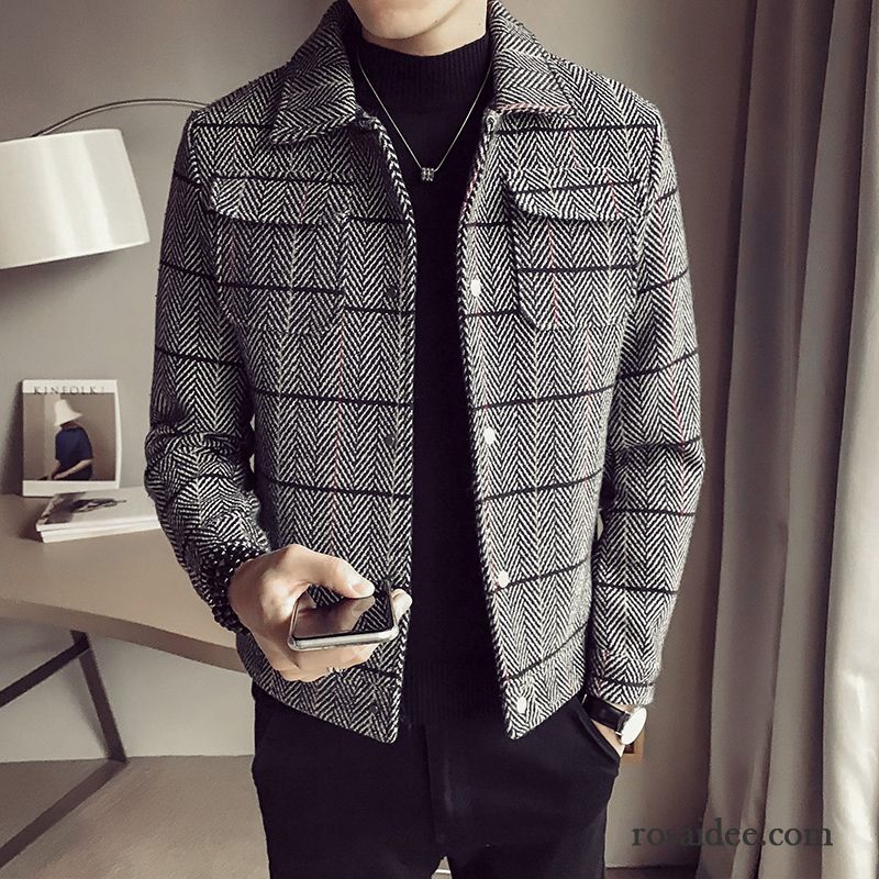 Jacken Herren Schlank Trend Winter Streifen Wolle Kleider Grau