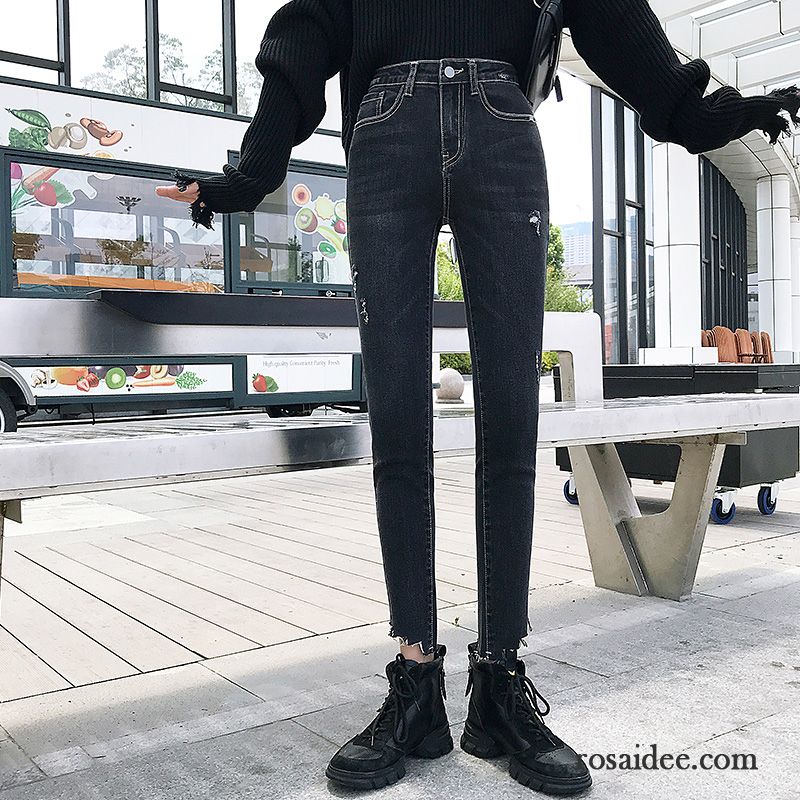 Jeans Damen Bleistift Hose Hohe Taille Dünn Schlank Fest Trend Dunkelblau