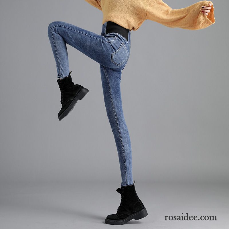 Jeans Damen Elastisch Große Größe Sommer Dünn Hohe Taille Outwear Blau
