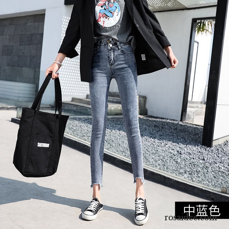 Jeans Damen Fest Dünn Neunte Hose Hohe Taille Feder Grau Rot