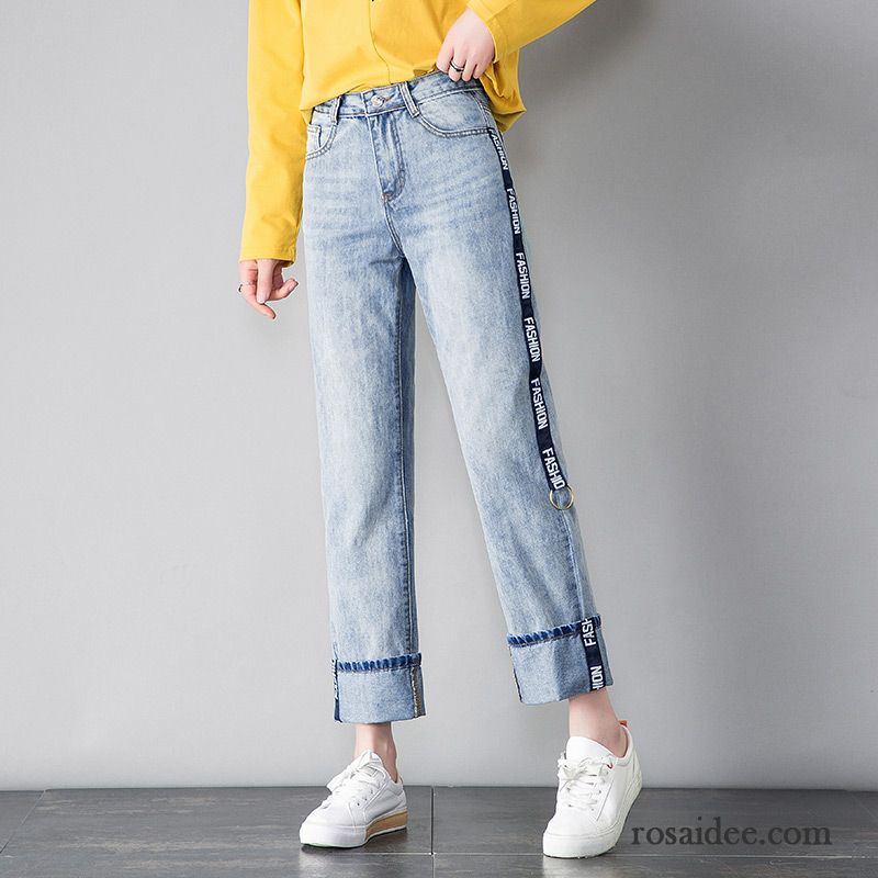 Jeans Damen Hohe Taille Trend Neu Gerade Sommer Dünn Dunkelblau