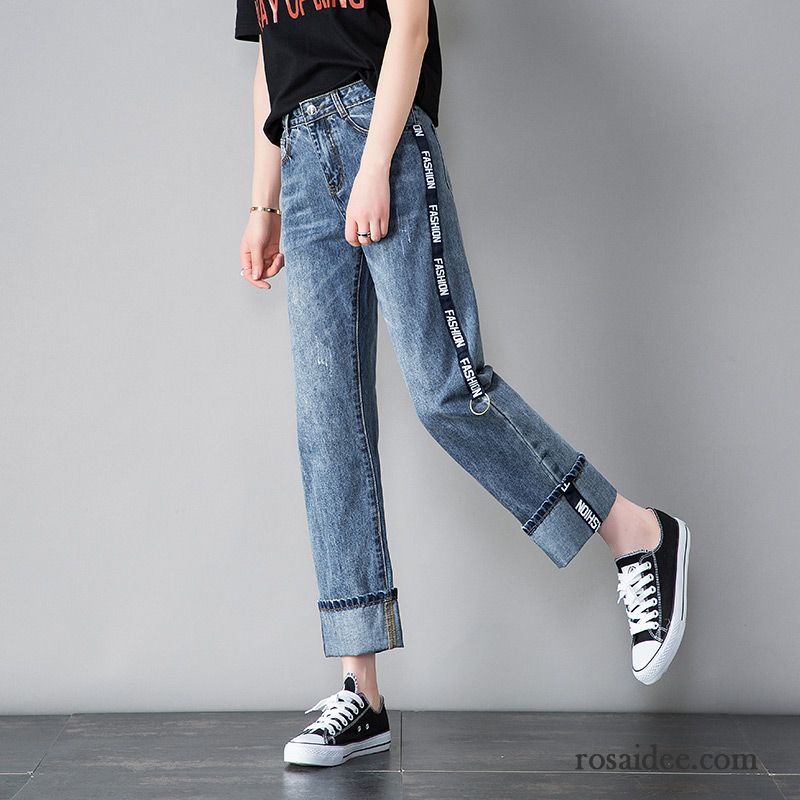 Jeans Damen Hohe Taille Trend Neu Gerade Sommer Dünn Dunkelblau