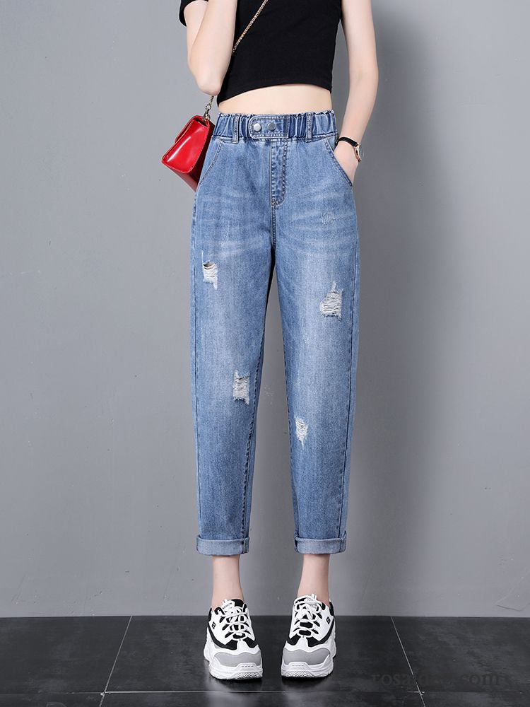 Jeans Damen Lose Hohe Taille Harlan Löcher Sommer Dünn Blau