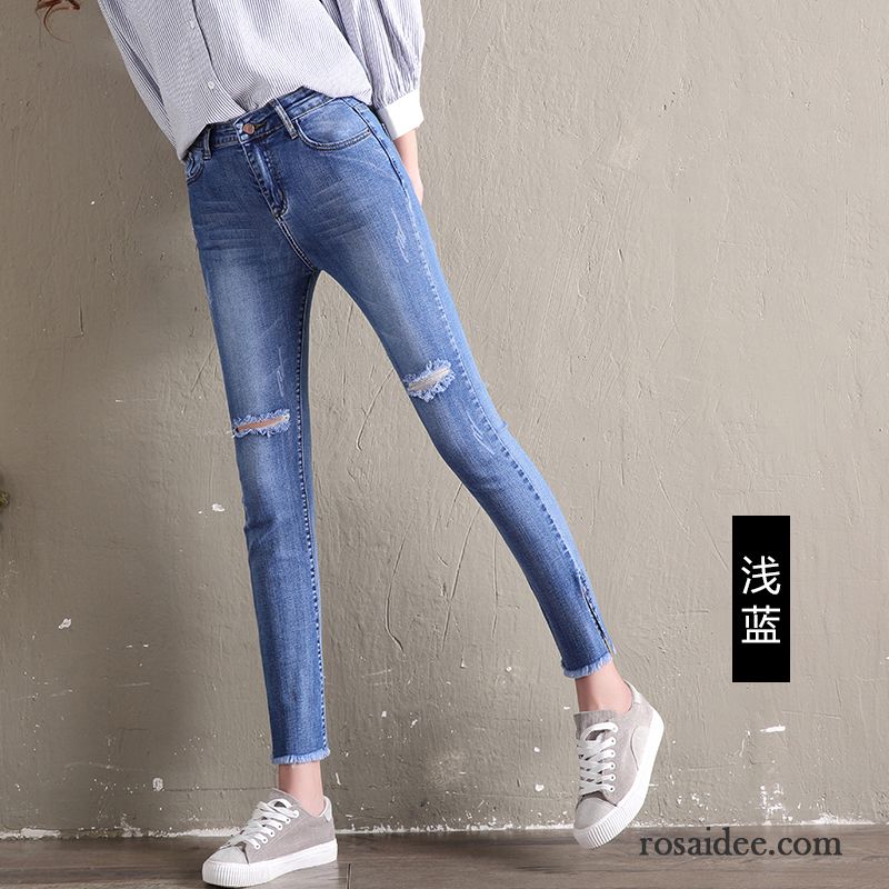 Jeans Damen Neu Bleistift Hose Feder Hohe Taille Löcher Allgleiches Blau