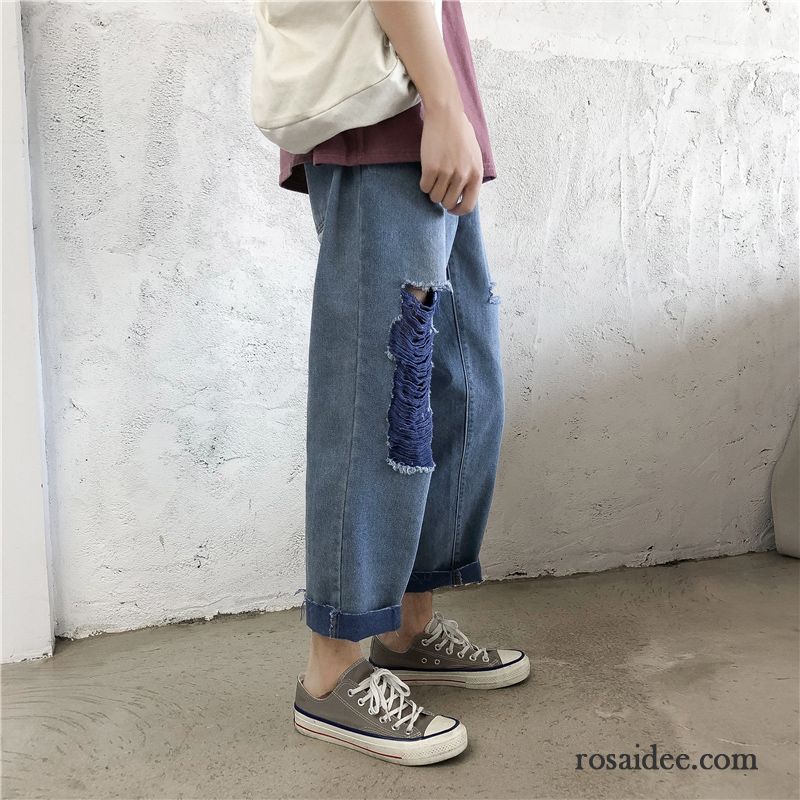 Jeans Herren Allgleiches Hose Gerade Neunte Hose Löcher Trend Blau