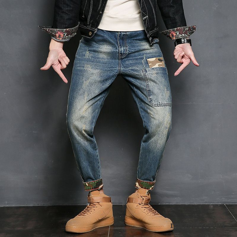 Jeans Herren Freizeit Dünn Löcher Harlan Feder Hose Blau