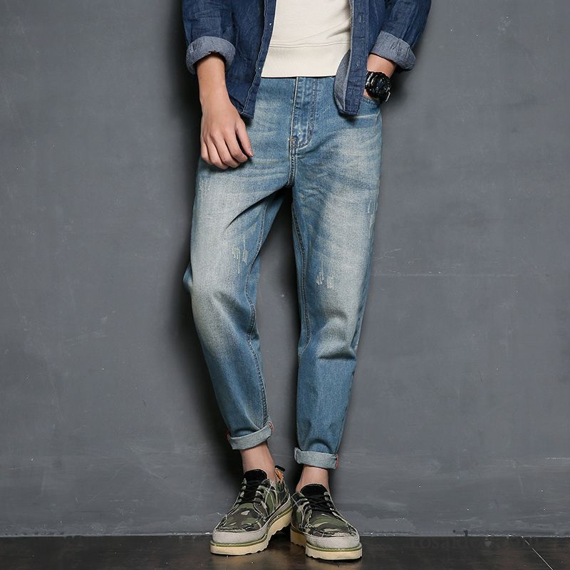 Jeans Herren Freizeit Dünn Löcher Harlan Feder Hose Blau