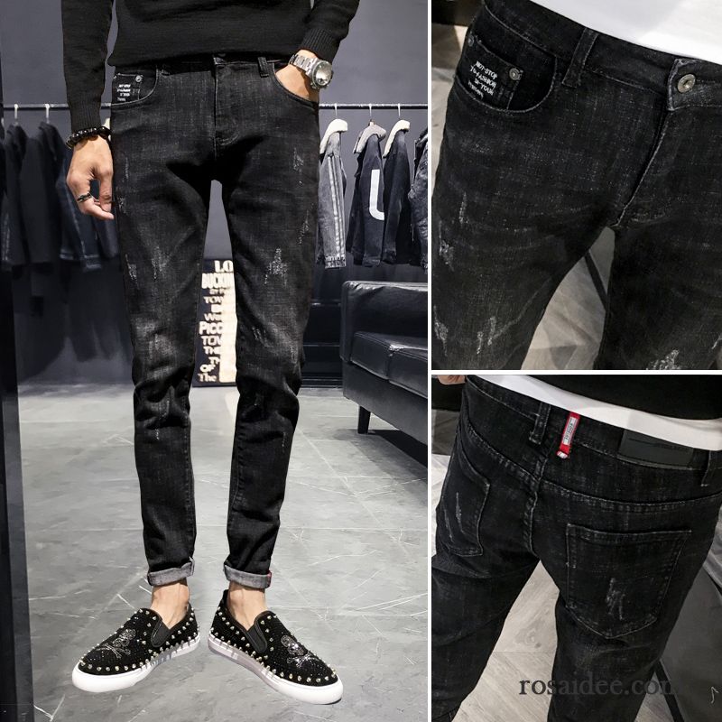 Jeans Herren Freizeit Löcher Schlank Feder Herbst Lose Schwarz