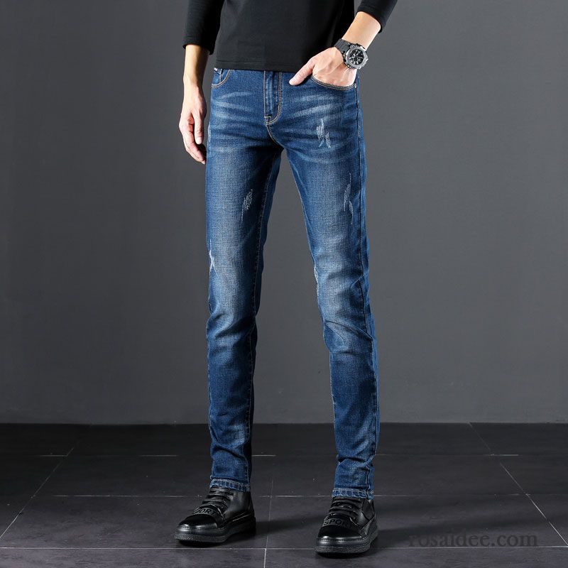 Jeans Herren Freizeit Schlank Trend Neu Gerade Elastisch Blau