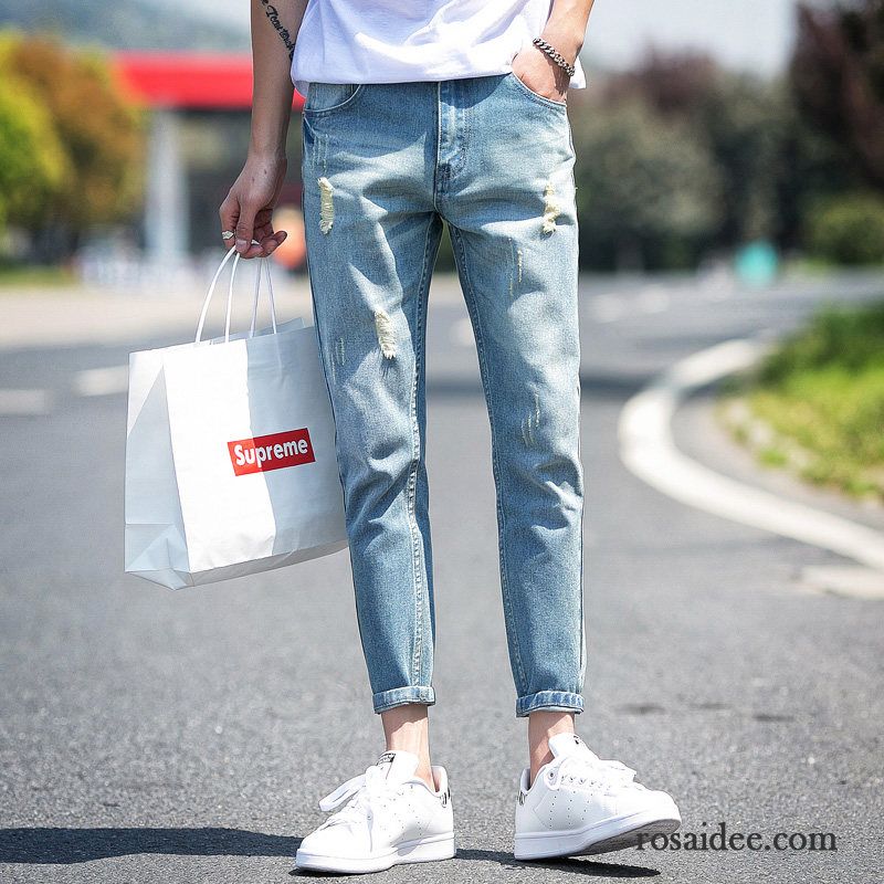 Jeans Herren Hose Löcher Trend Gerade Schlank Allgleiches Blau